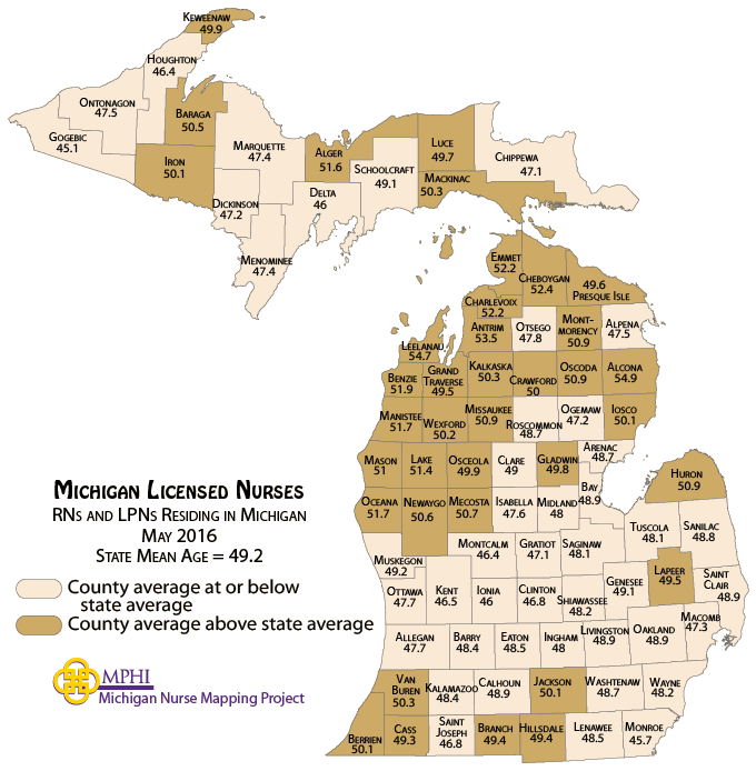 map depicting nurse mean age by county in 2016